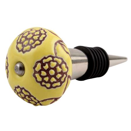 Brown Marigold Etched Ceramic Floral Wine Stopper (Pack Of One Piece)